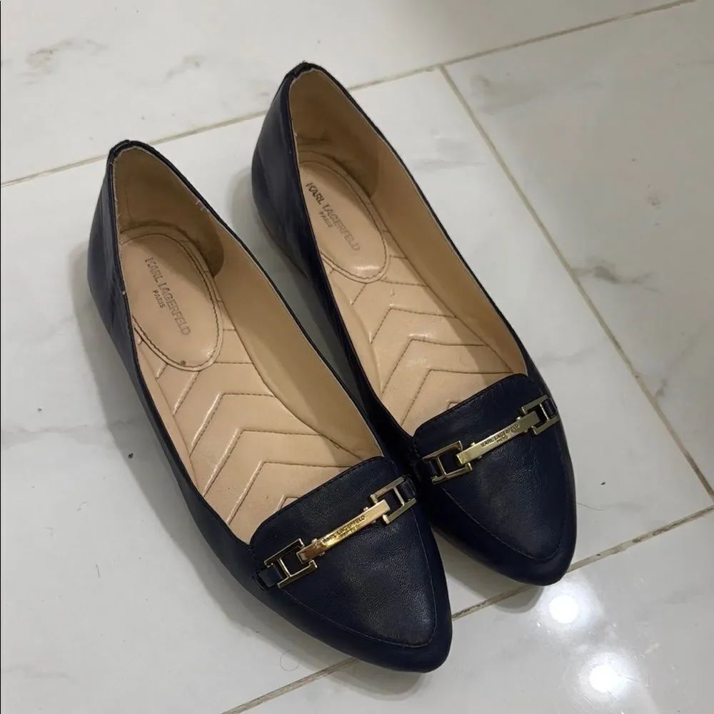 Karl Lagerfeld Black Flats Sleek Minimalist Design - Gold Detail - Like New